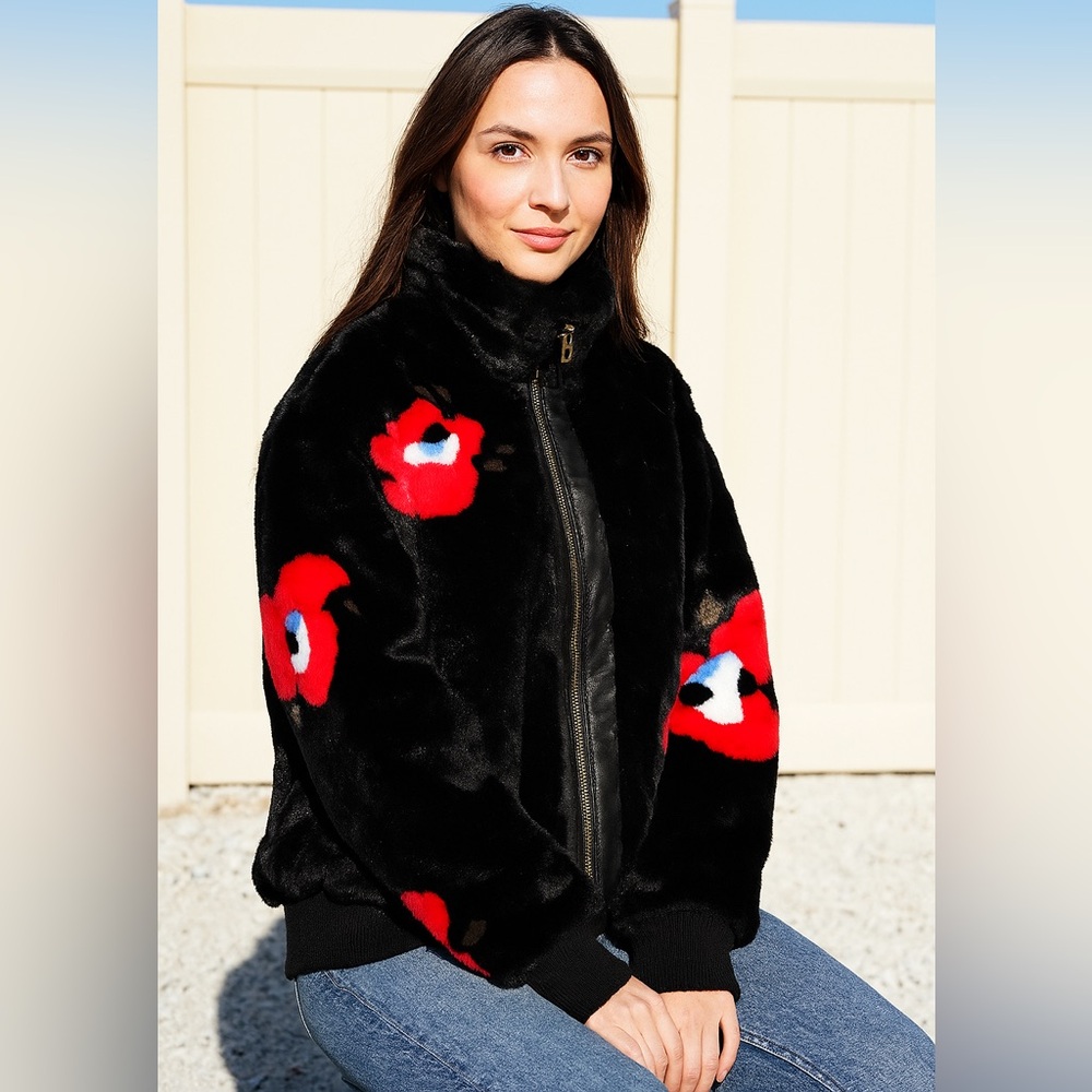 Marc New York NWT Black Faux Fur Jacket with Red Floral Design